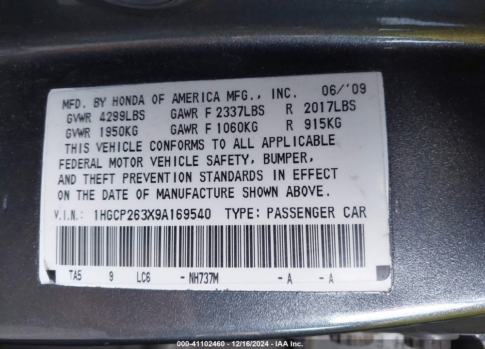 2009 HONDA ACCORD 2.4 LX VIN: 1HGCP263X9A169540