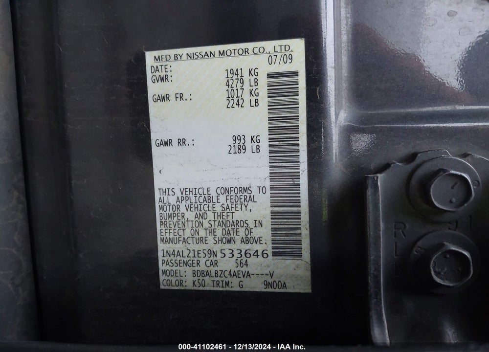2009 NISSAN ALTIMA 2.5 S VIN: 1N4AL21E59N533646