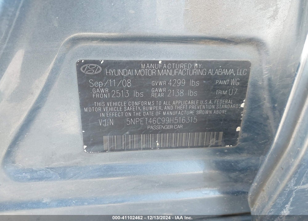 2009 HYUNDAI SONATA GLS VIN: 5NPET46C99H516315