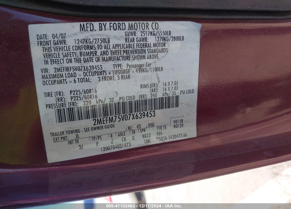 2007 MERCURY GRAND MARQUIS LS VIN: 2MEFM75V07X639453