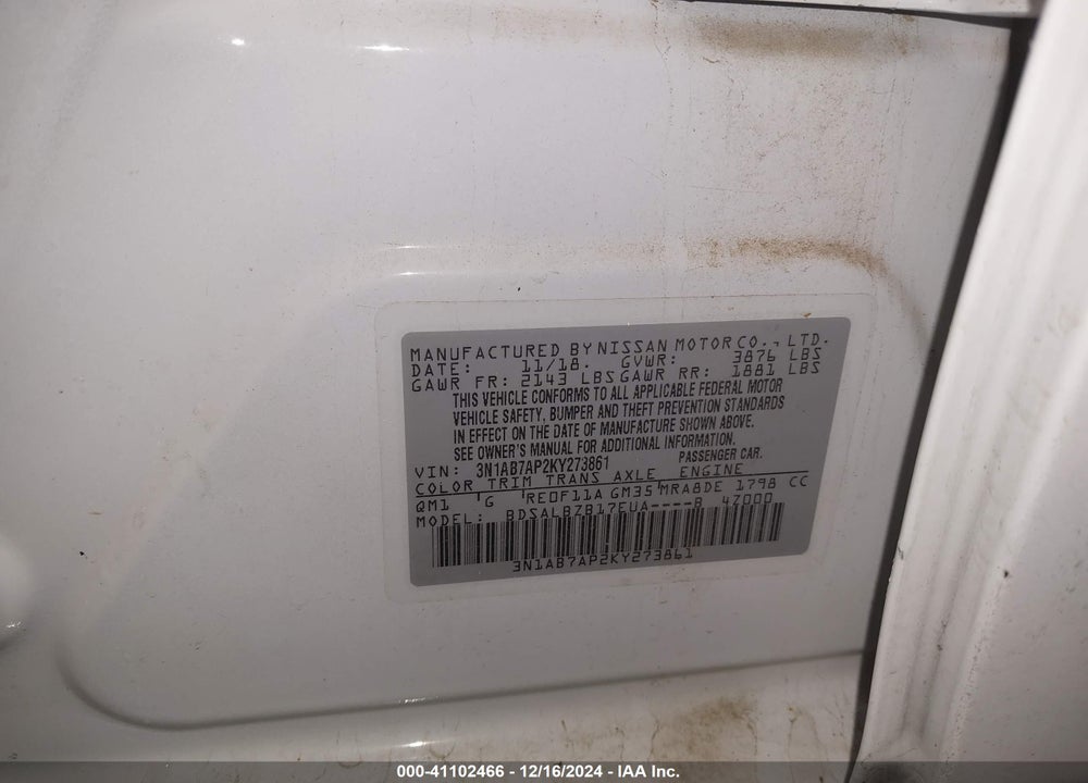 2019 NISSAN SENTRA S VIN: 3N1AB7AP2KY273861