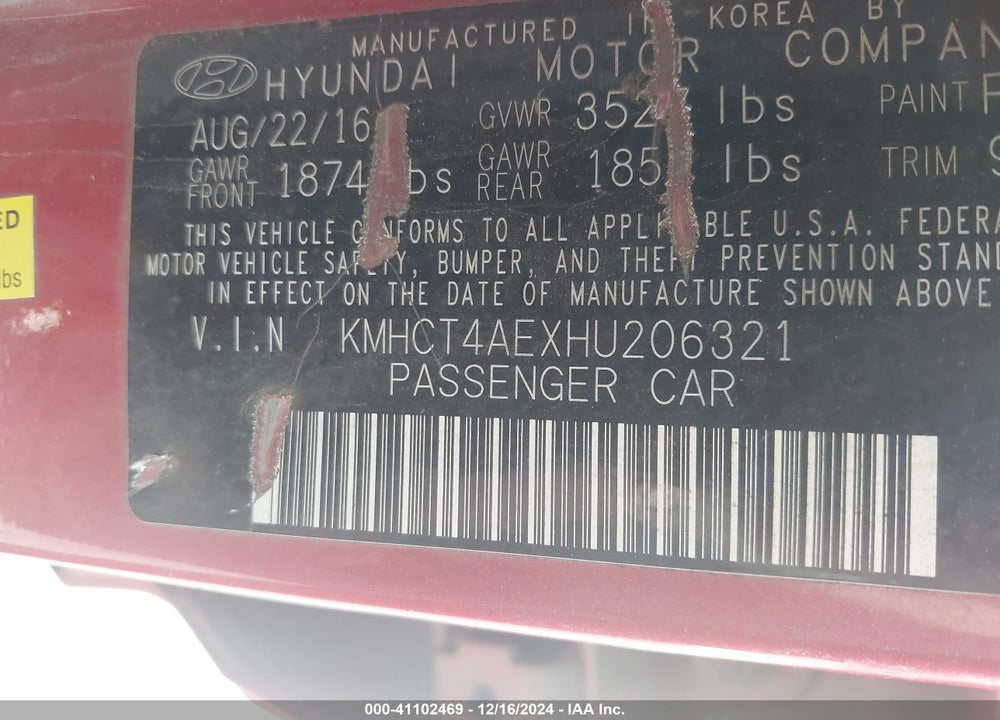 2017 HYUNDAI ACCENT SE VIN: KMHCT4AEXHU206321