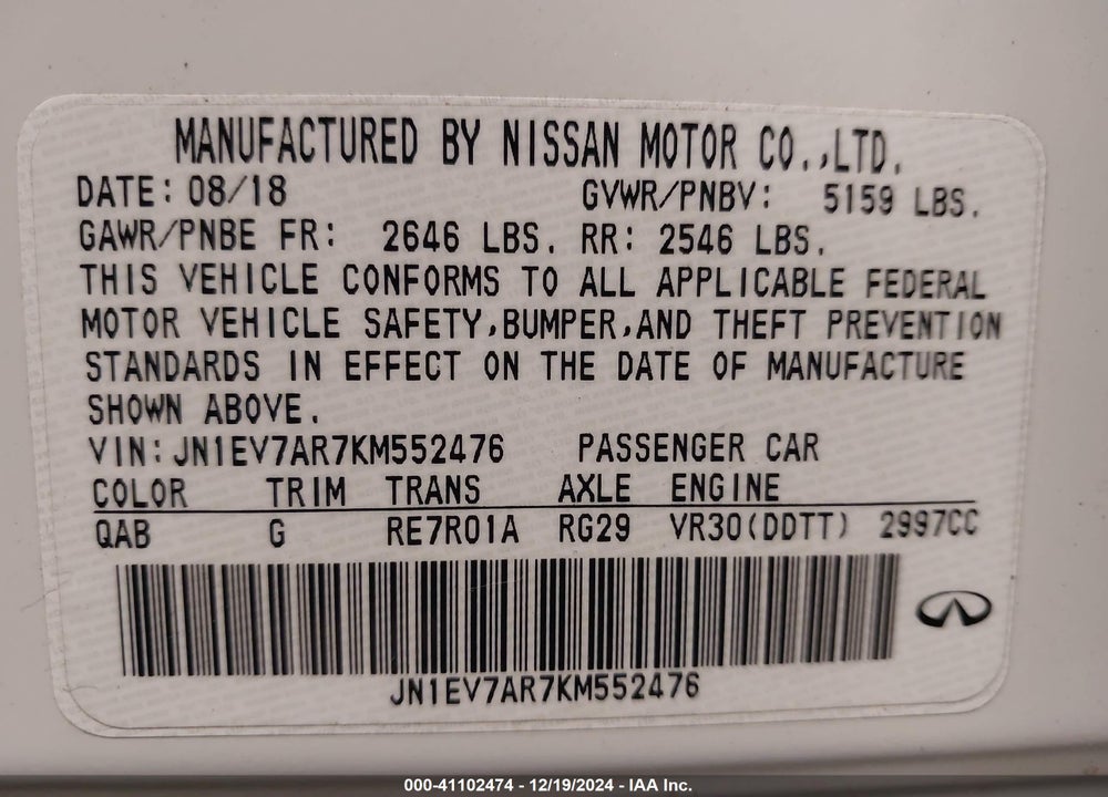 2019 INFINITI Q50 3.0T LUXE VIN: JN1EV7AR7KM552476