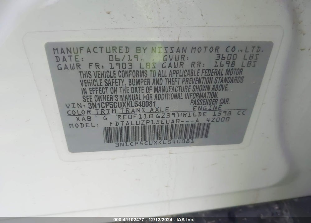 2019 NISSAN KICKS SR VIN: 3N1CP5CUXKL540081