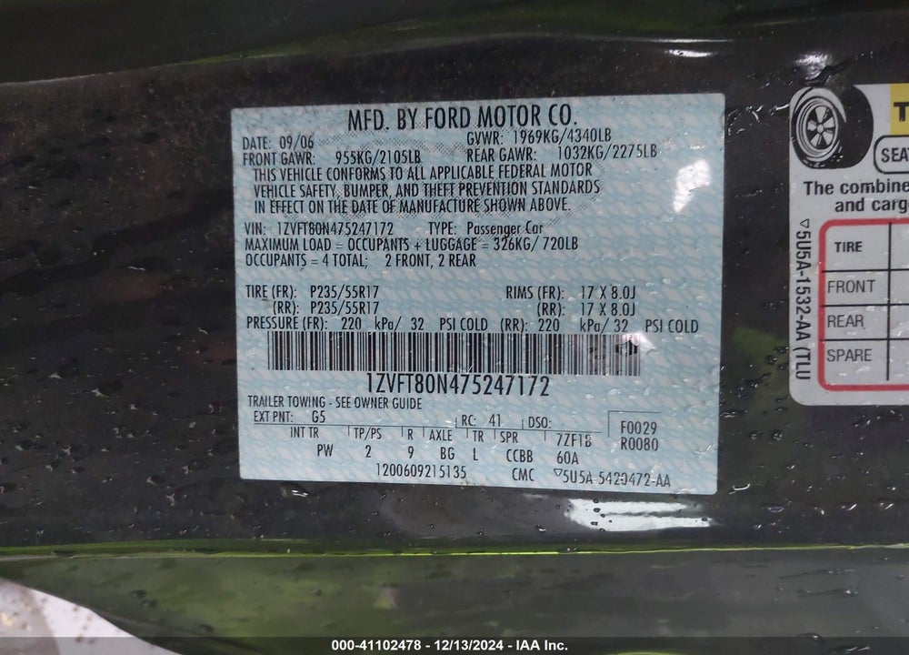 2007 FORD MUSTANG V6 DELUXE/V6 PREMIUM VIN: 1ZVFT80N475247172