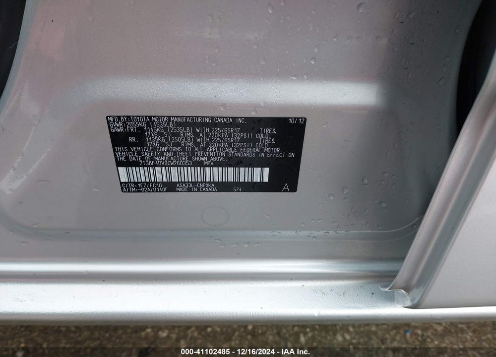 2012 TOYOTA RAV4 VIN: 2T3BF4DV9CW260353