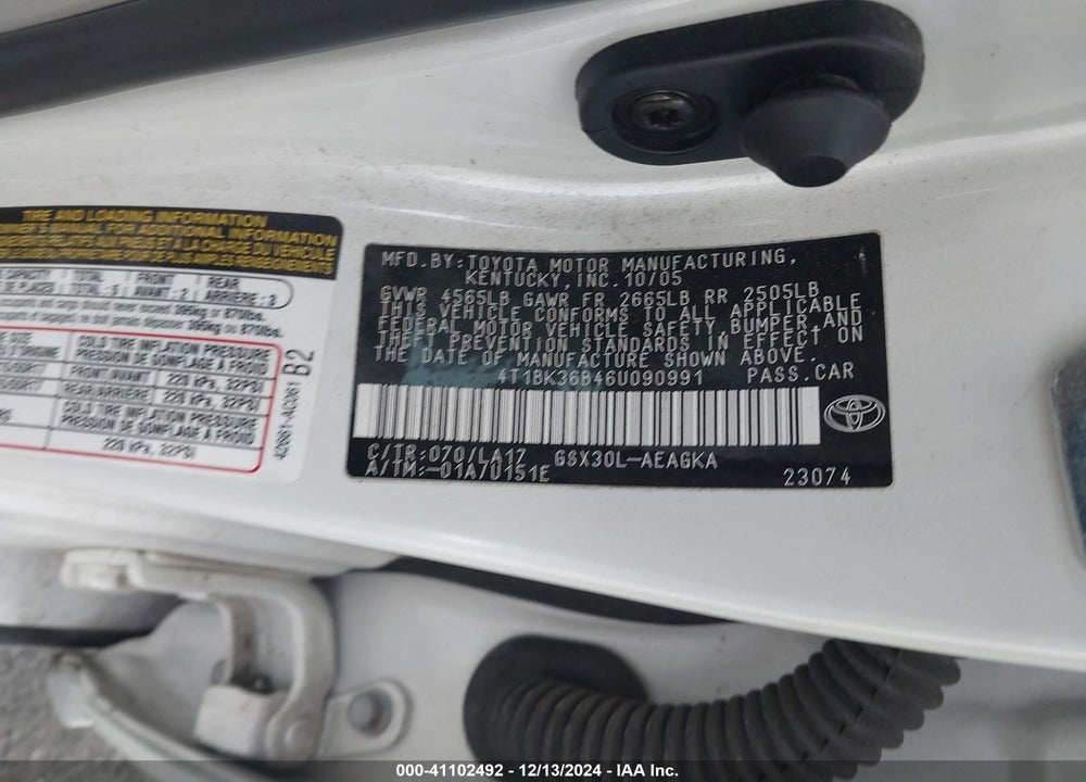 2006 TOYOTA AVALON XLS VIN: 4T1BK36B46U090991