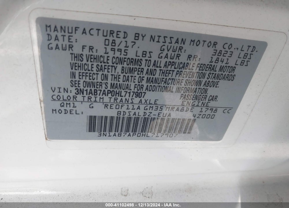 2017 NISSAN SENTRA SV VIN: 3N1AB7AP0HL717907