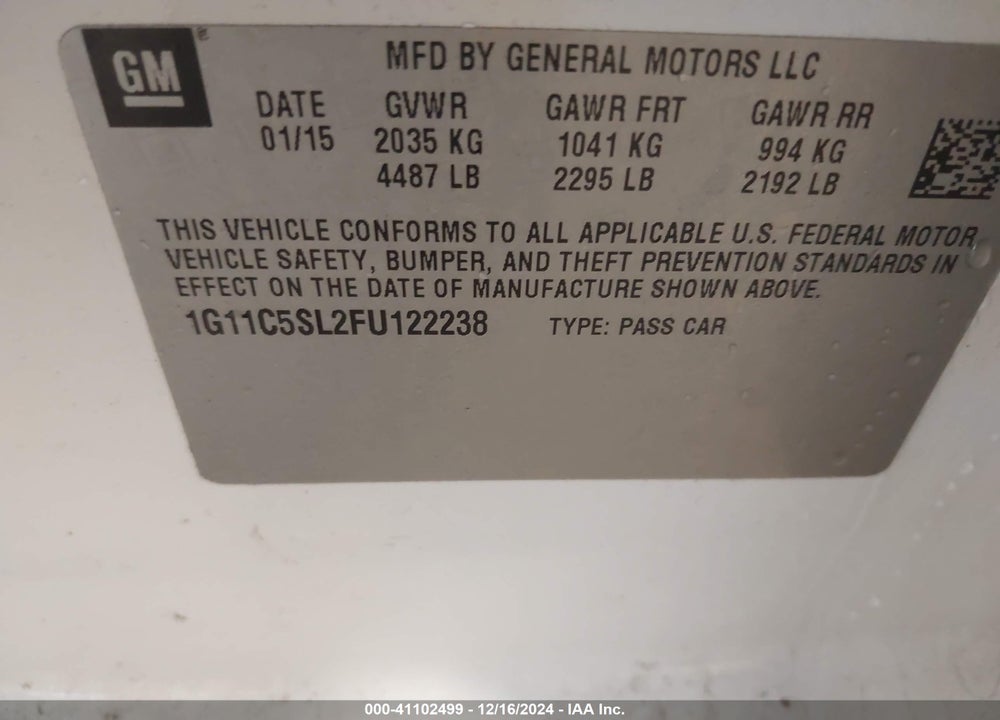2015 CHEVROLET MALIBU 1LT VIN: 1G11C5SL2FU122238