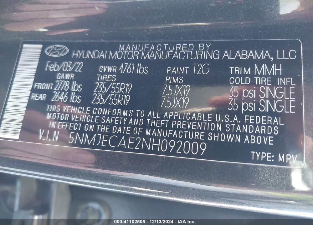 2022 HYUNDAI TUCSON LIMITED VIN: 5NMJECAE2NH092009