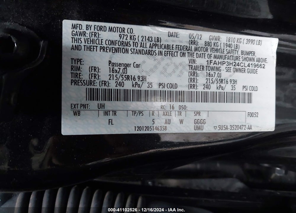 2012 FORD FOCUS SEL VIN: 1FAHP3H24CL419662