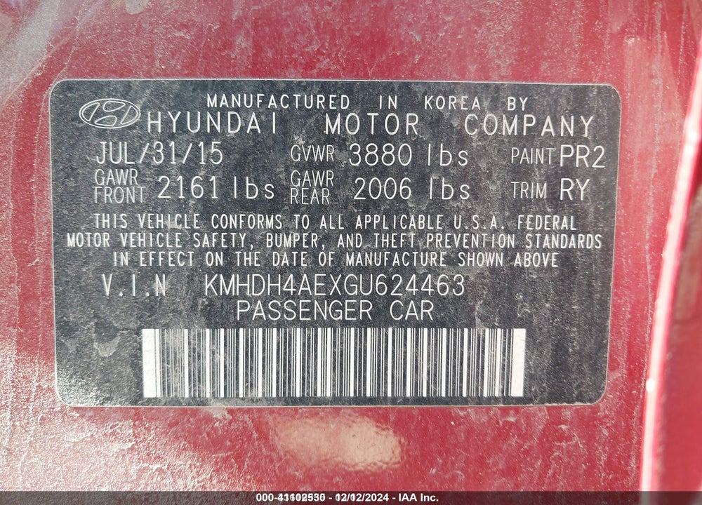 2016 HYUNDAI ELANTRA VIN: KMHDH4AEXGU624463
