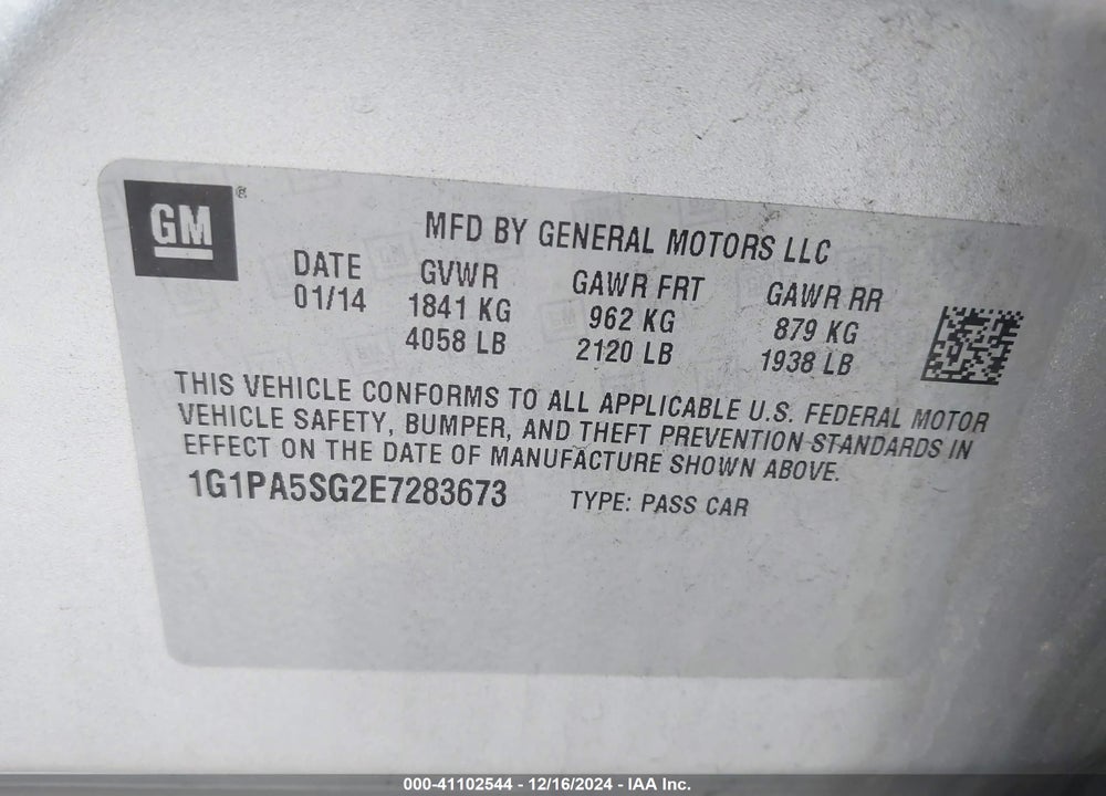 2014 CHEVROLET CRUZE LS AUTO VIN: 1G1PA5SG2E7283673
