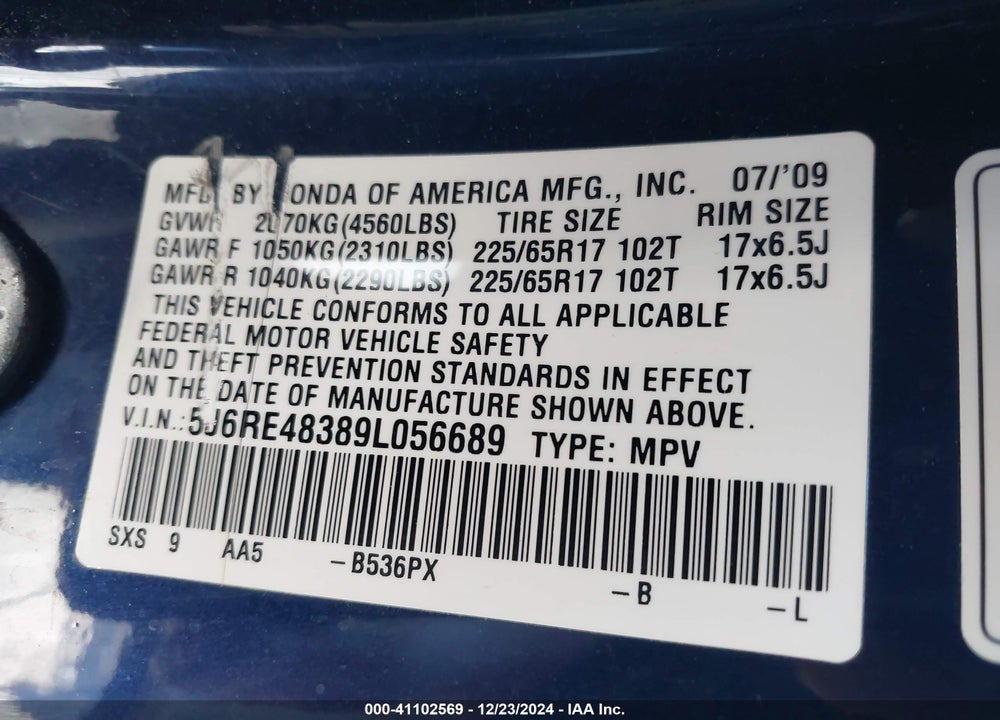 2009 HONDA CR-V LX VIN: 5J6RE48389L056689