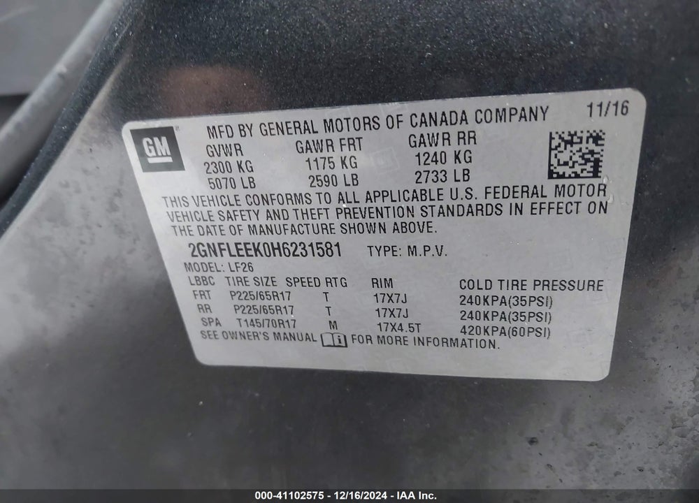 2017 CHEVROLET EQUINOX LS VIN: 2GNFLEEK0H6231581