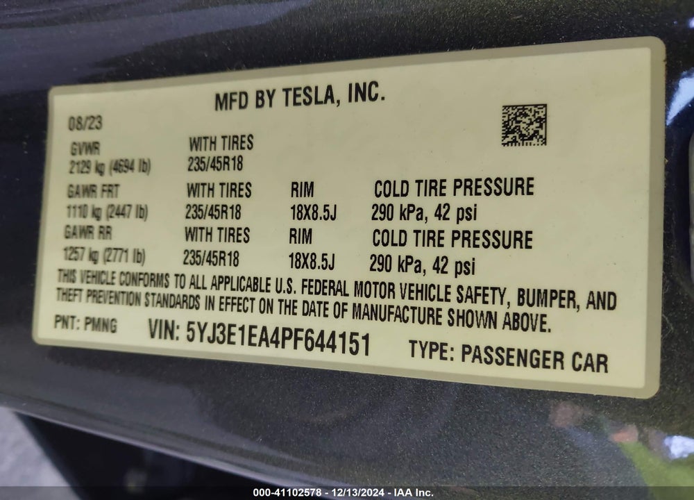 2023 TESLA MODEL 3 REAR-WHEEL DRIVE VIN: 5YJ3E1EA4PF644151