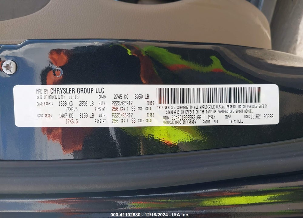 2014 CHRYSLER TOWN & COUNTRY TOURING VIN: 2C4RC1BG6ER216611