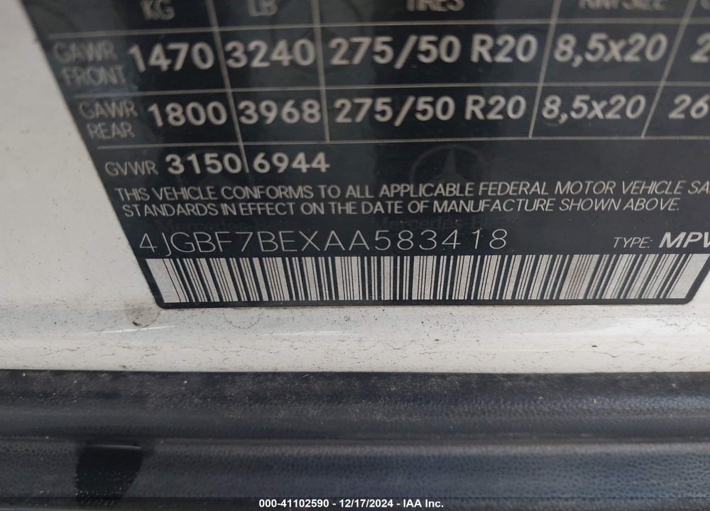 2010 MERCEDES-BENZ GL 450 4MATIC VIN: 4JGBF7BEXAA583418