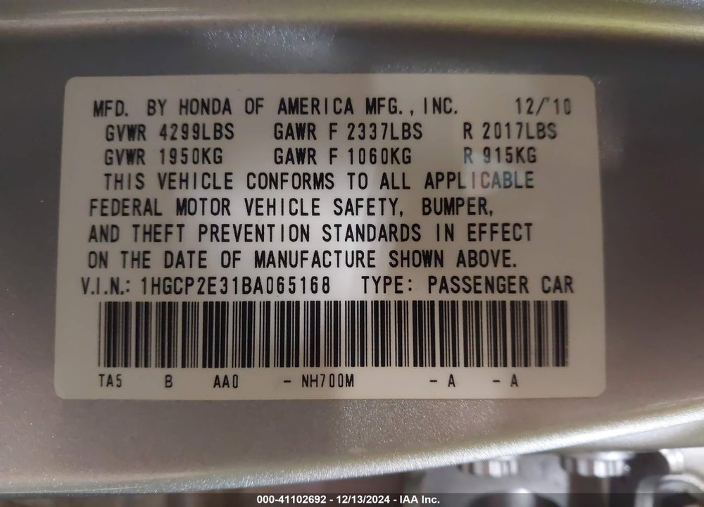 2011 HONDA ACCORD 2.4 LX VIN: 1HGCP2E31BA065168