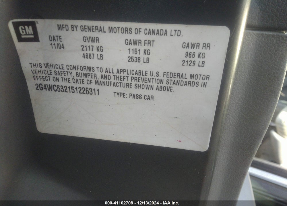 2005 BUICK LACROSSE CX VIN: 2G4WC532151226311