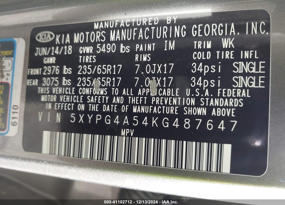 2019 KIA SORENTO 3.3L LX VIN: 5XYPG4A54KG487647
