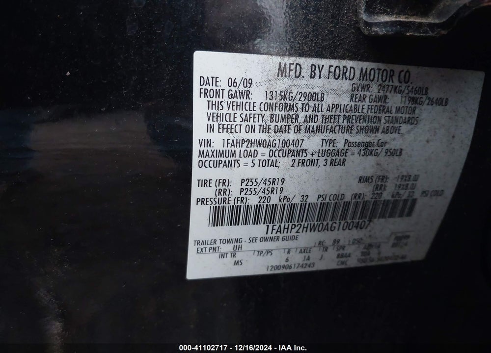 2010 FORD TAURUS SEL VIN: 1FAHP2HW0AG100407