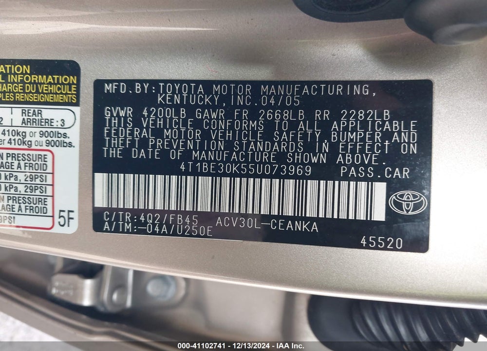 2005 TOYOTA CAMRY LE VIN: 4T1BE30K55U073969
