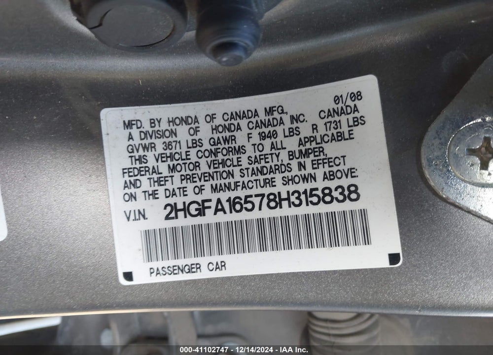 2008 HONDA CIVIC LX VIN: 2HGFA16578H315838