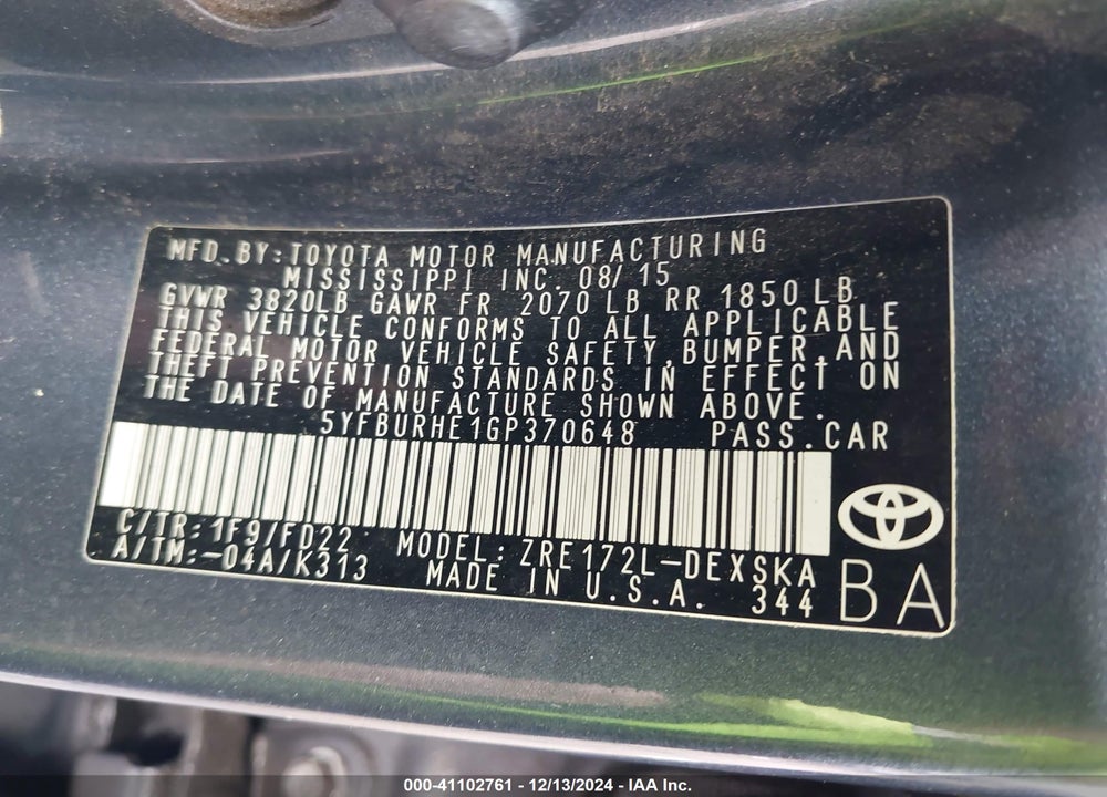 2016 TOYOTA COROLLA S PLUS VIN: 5YFBURHE1GP370648