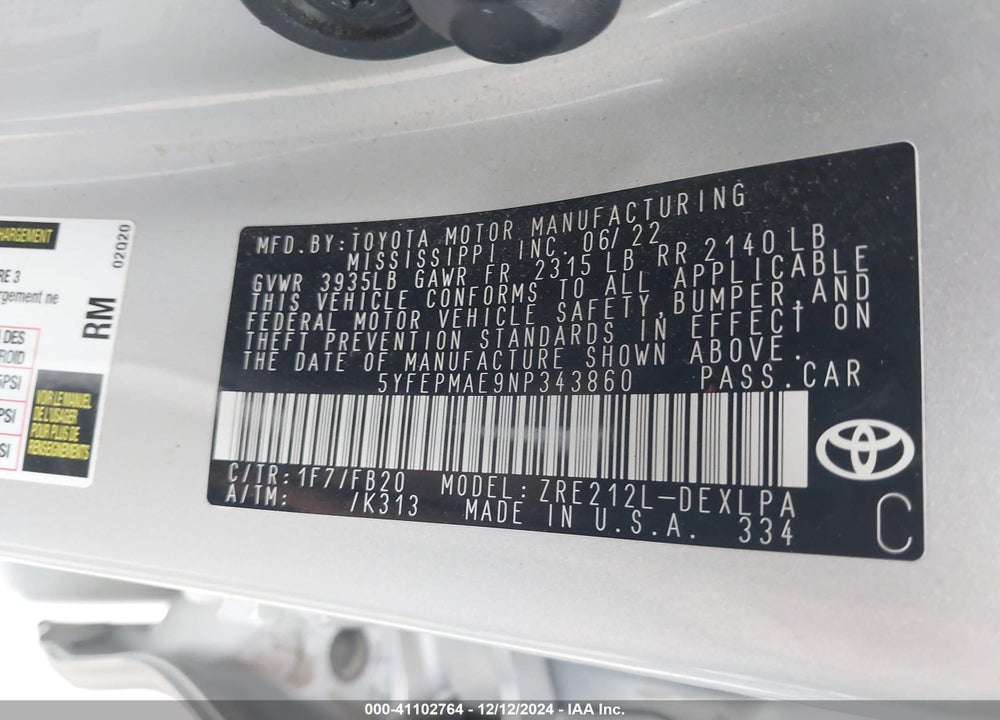 2022 TOYOTA COROLLA LE VIN: 5YFEPMAE9NP343860