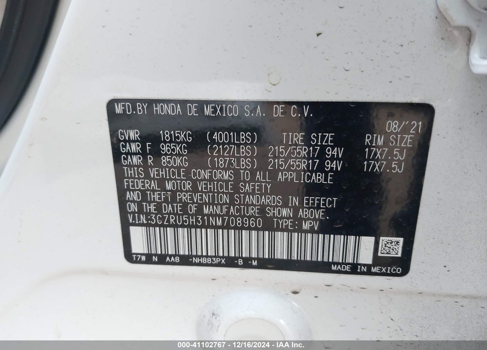 2022 HONDA HR-V 2WD LX VIN: 3CZRU5H31NM708960