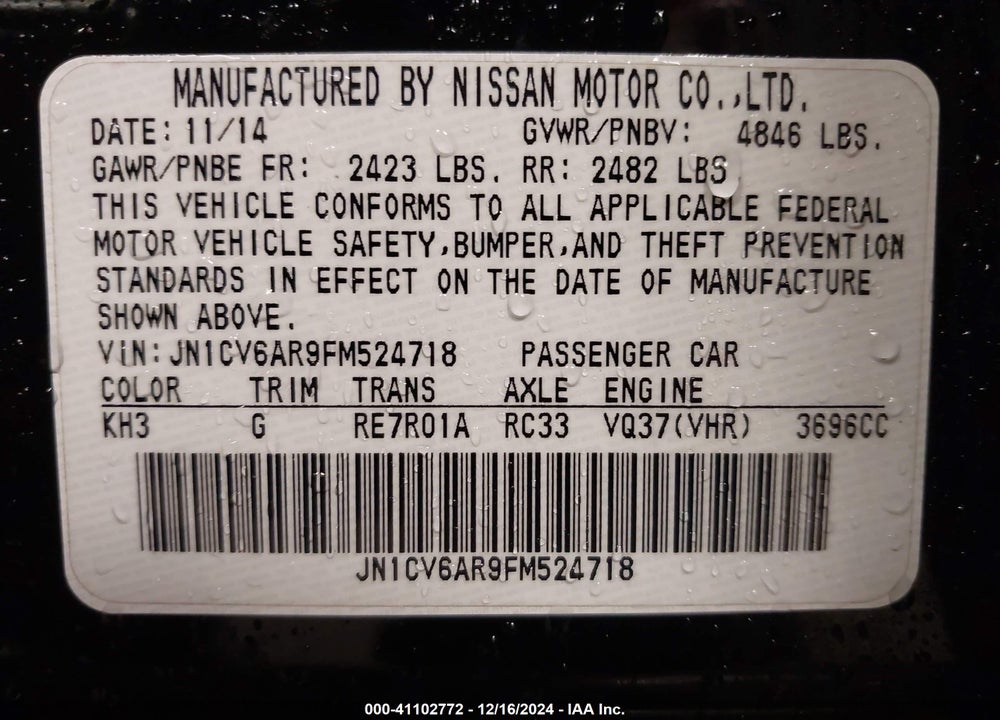 2015 INFINITI Q40 VIN: JN1CV6AR9FM524718