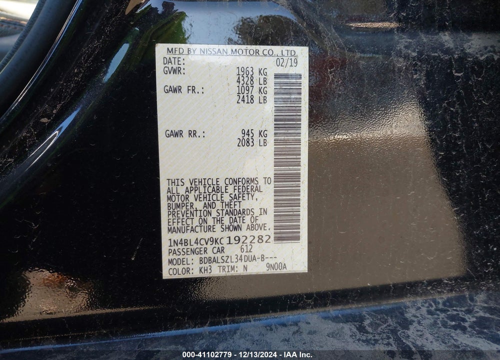 2019 NISSAN ALTIMA 2.5 SR VIN: 1N4BL4CV9KC192282