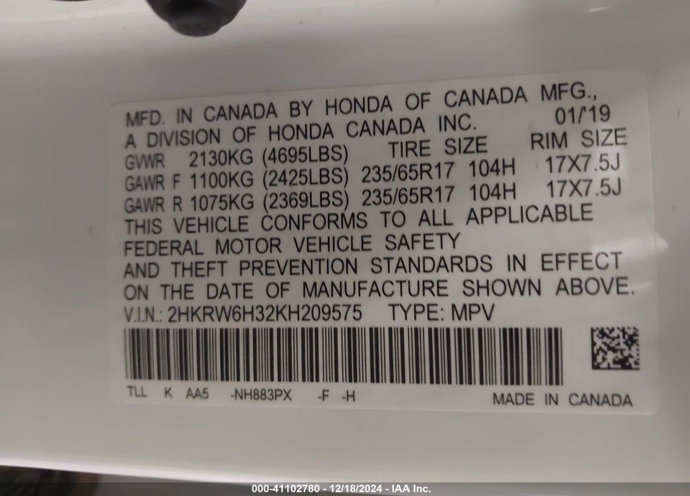 2019 HONDA CR-V LX VIN: 2HKRW6H32KH209575