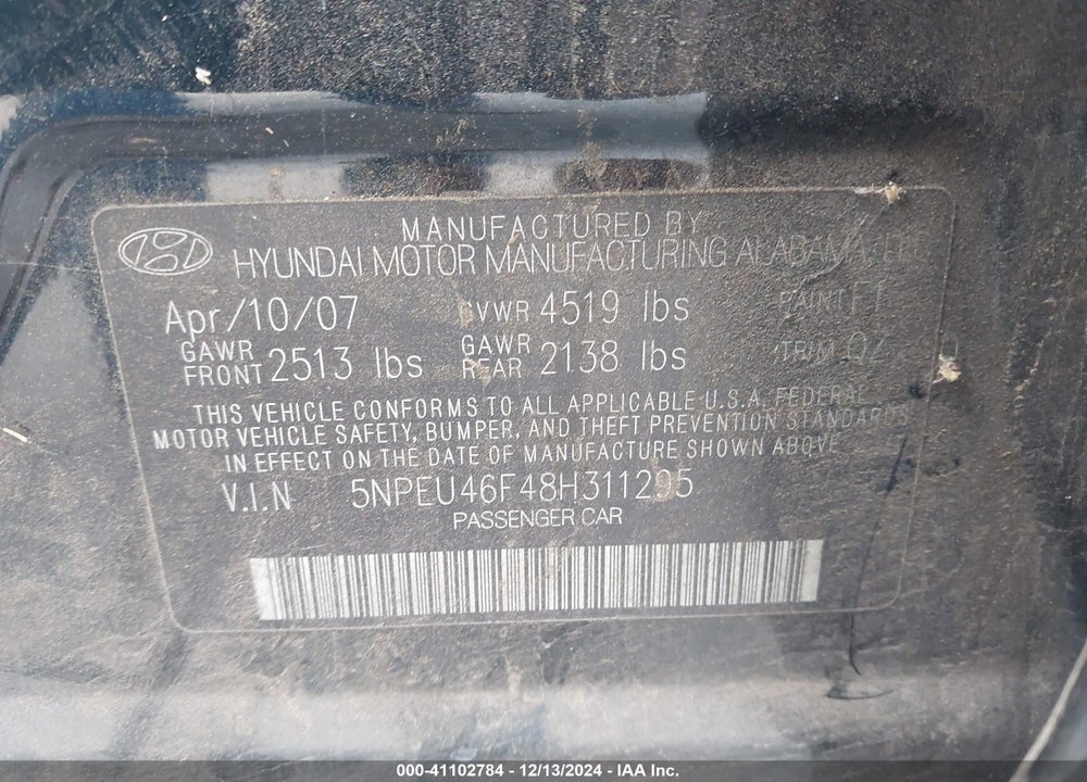 2008 HYUNDAI SONATA LIMITED V6/SE V6 VIN: 5NPEU46F48H311295