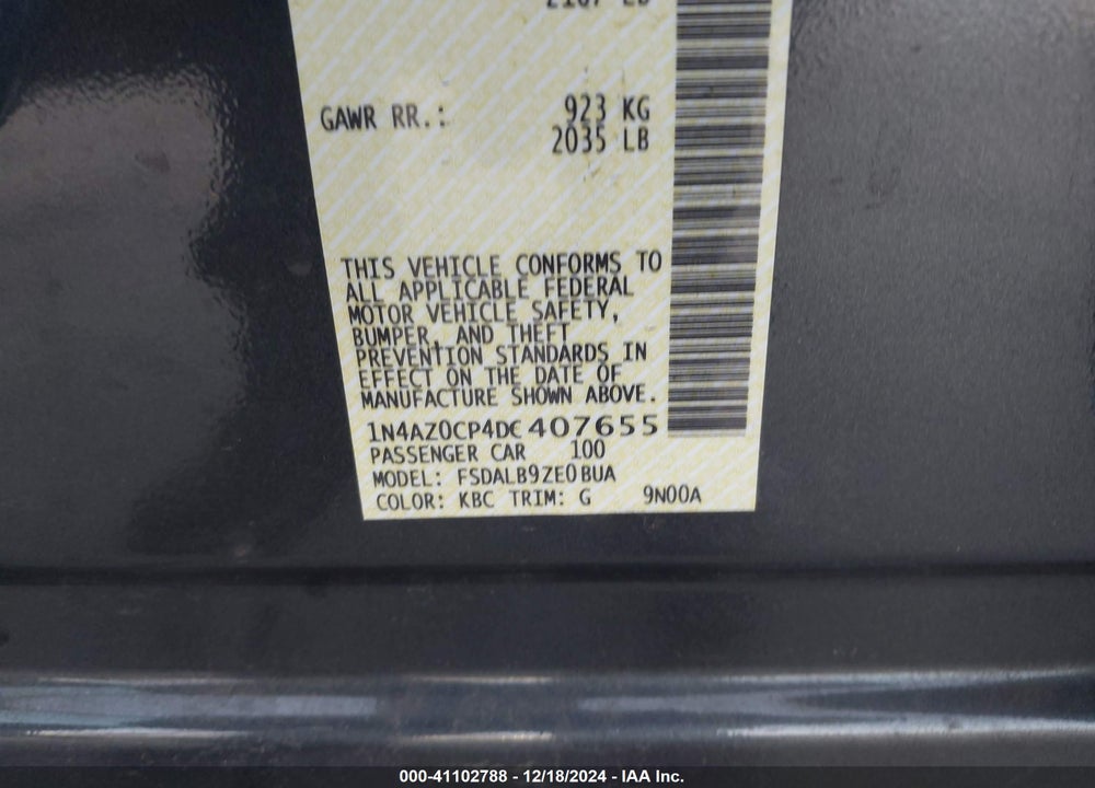 2013 NISSAN LEAF S VIN: 1N4AZ0CP4DC407655