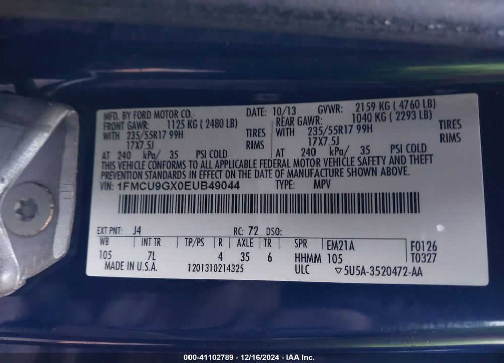 2014 FORD ESCAPE SE VIN: 1FMCU9GX0EUB49044