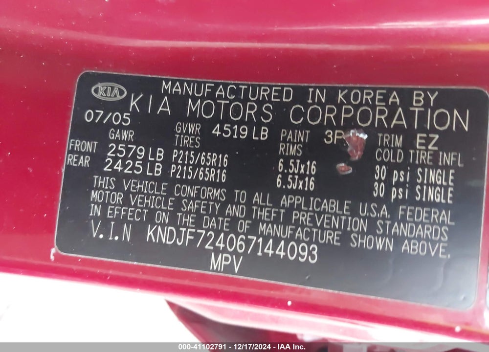 2006 KIA SPORTAGE LX VIN: KNDJF724067144093