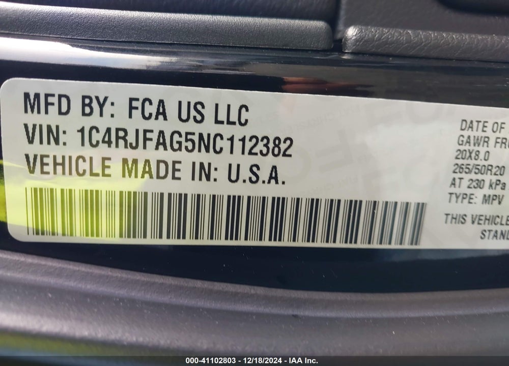 2022 JEEP GRAND CHEROKEE WK LAREDO X 4X4 VIN: 1C4RJFAG5NC112382