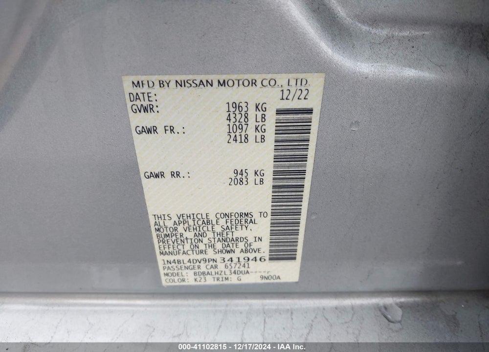2023 NISSAN ALTIMA SV FWD VIN: 1N4BL4DV9PN341946