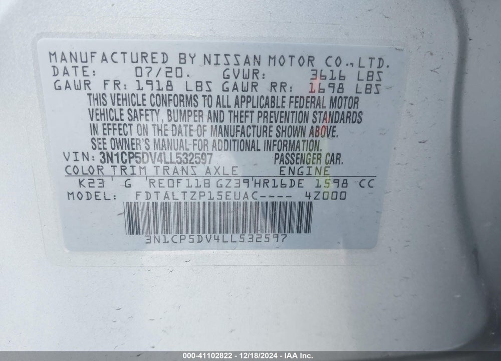 2020 NISSAN KICKS SR XTRONIC CVT VIN: 3N1CP5DV4LL532597