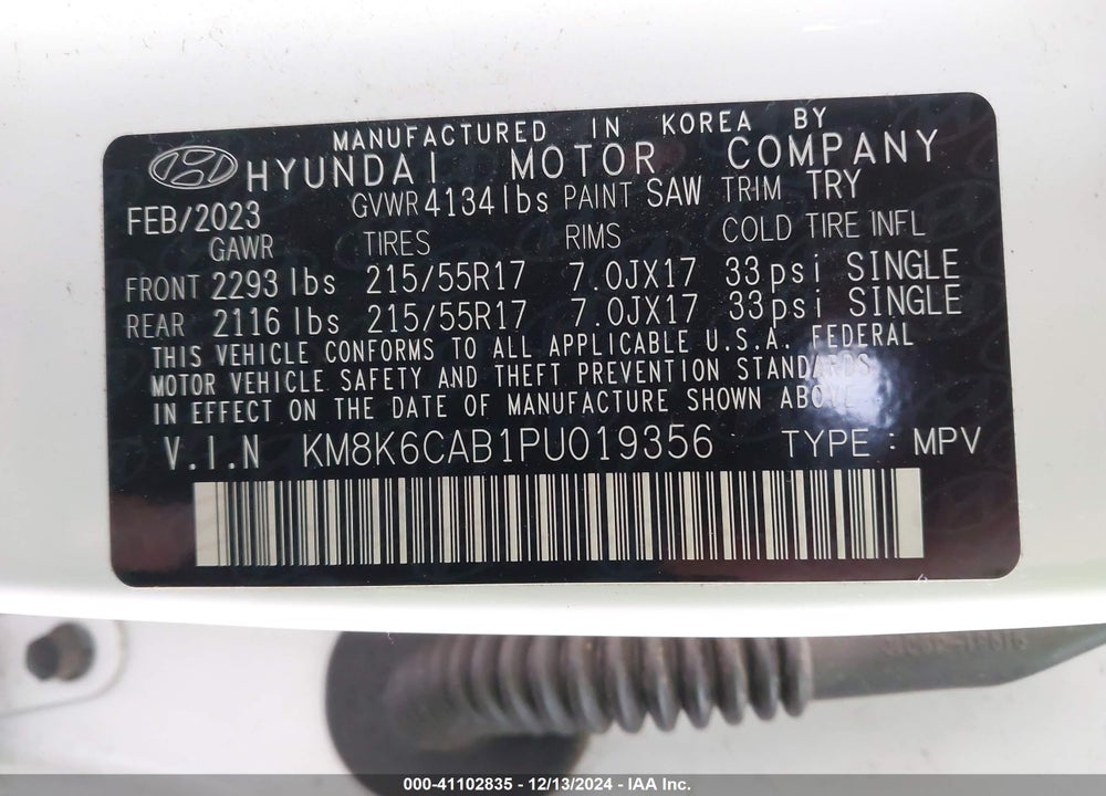 2023 HYUNDAI KONA SEL VIN: KM8K6CAB1PU019356