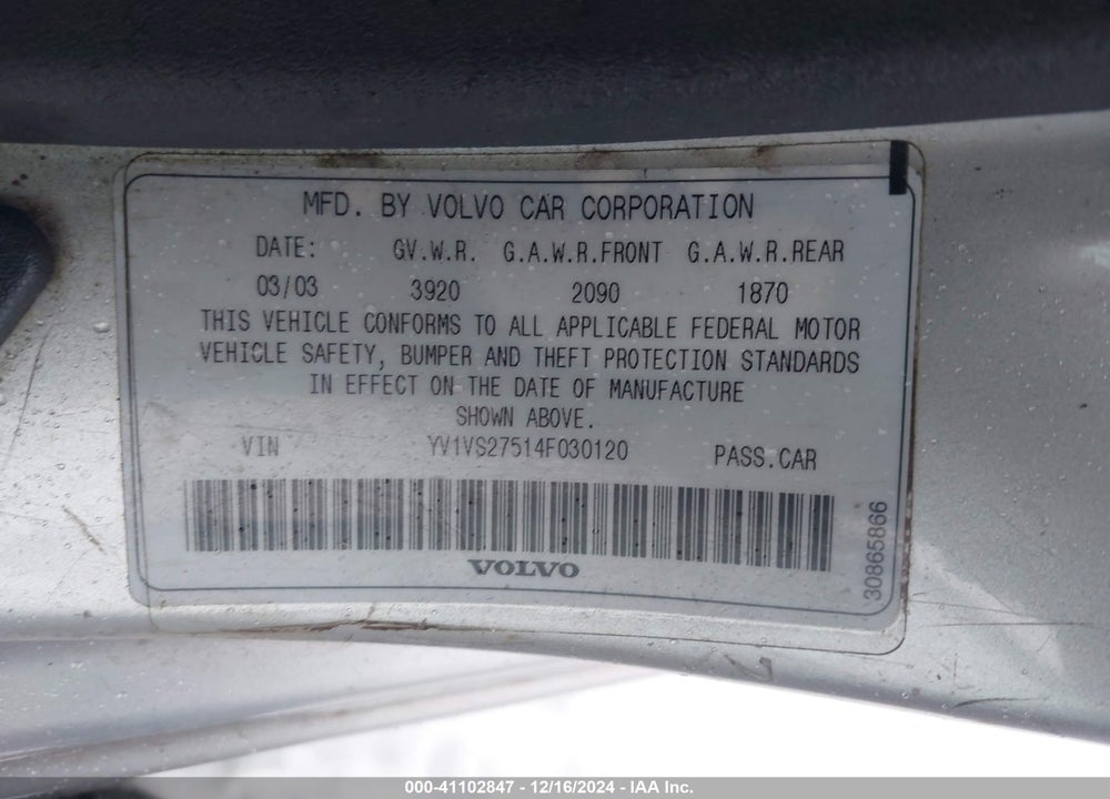 2004 VOLVO S40 A/LSE VIN: YV1VS27514F030120