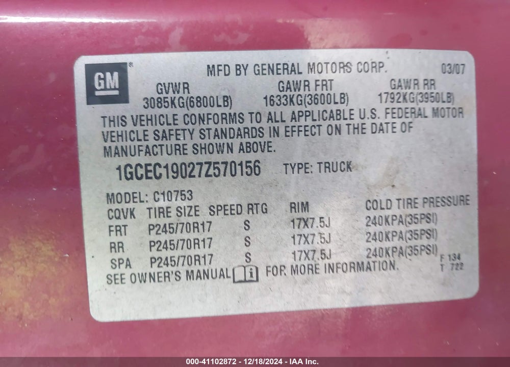2007 CHEVROLET SILVERADO 1500 LT1 VIN: 1GCEC19027Z570156
