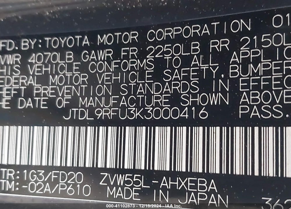 2019 TOYOTA PRIUS LE VIN: JTDL9RFU3K3000416