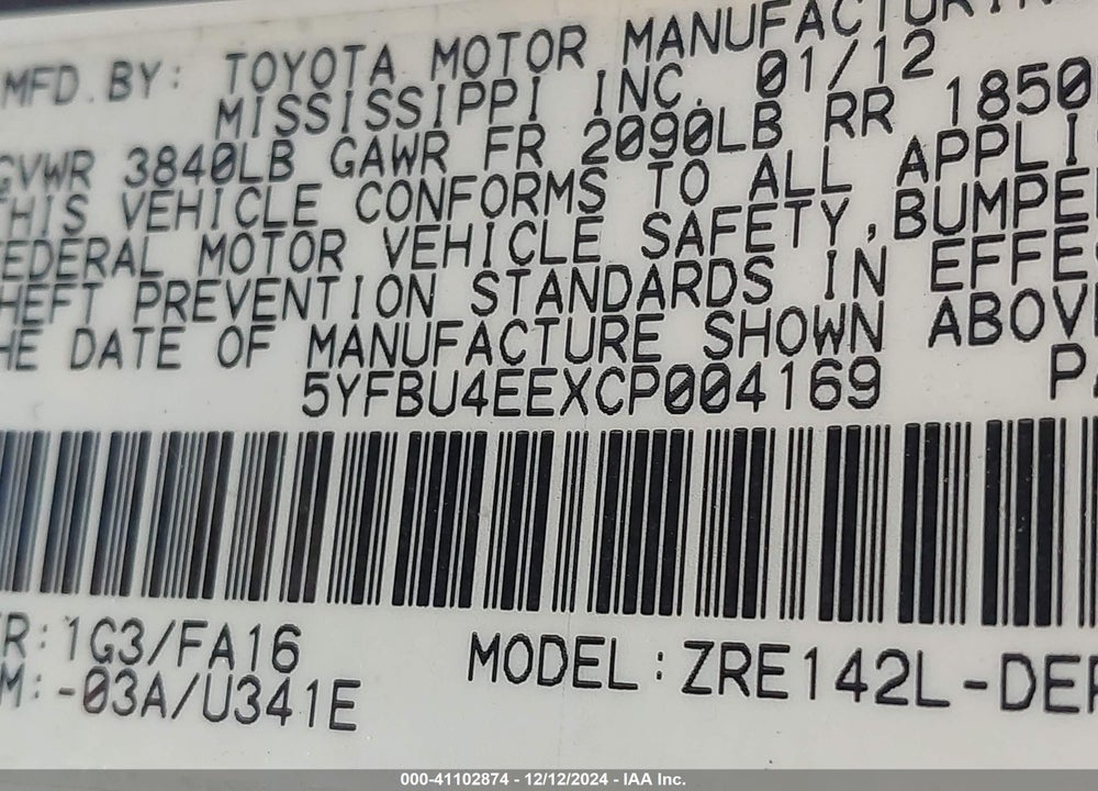 2012 TOYOTA COROLLA L VIN: 5YFBU4EEXCP004169