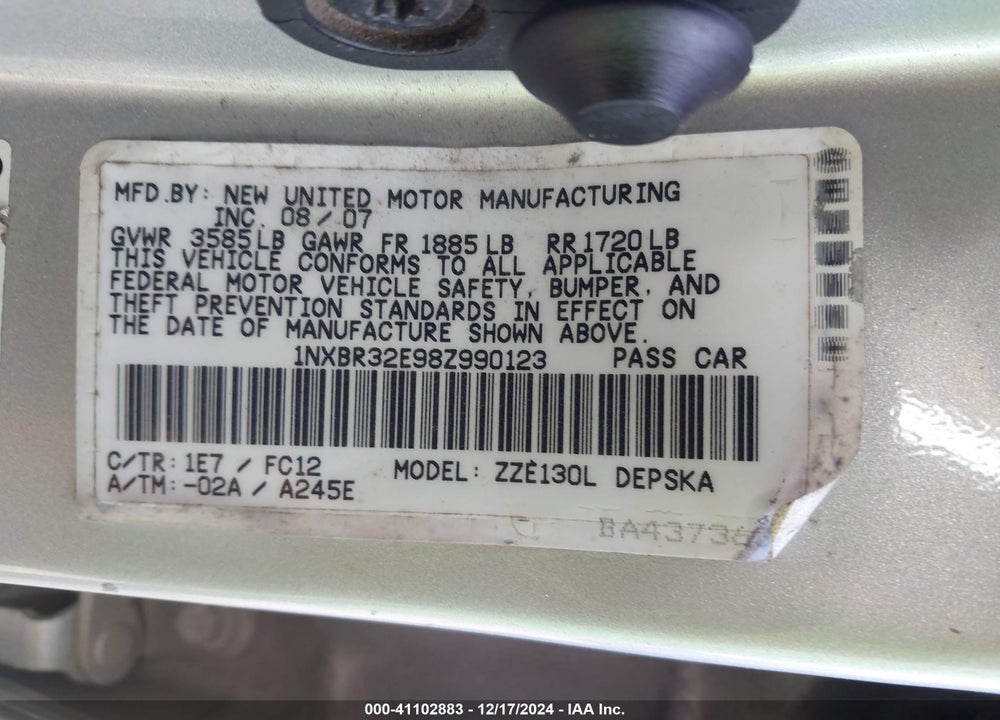 2008 TOYOTA COROLLA VIN: 1NXBR32E98Z990123