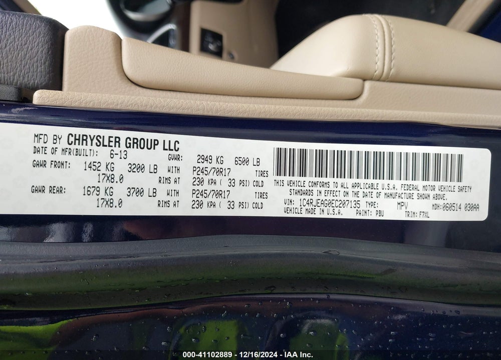 2014 JEEP GRAND CHEROKEE LAREDO VIN: 1C4RJEAG0EC207135