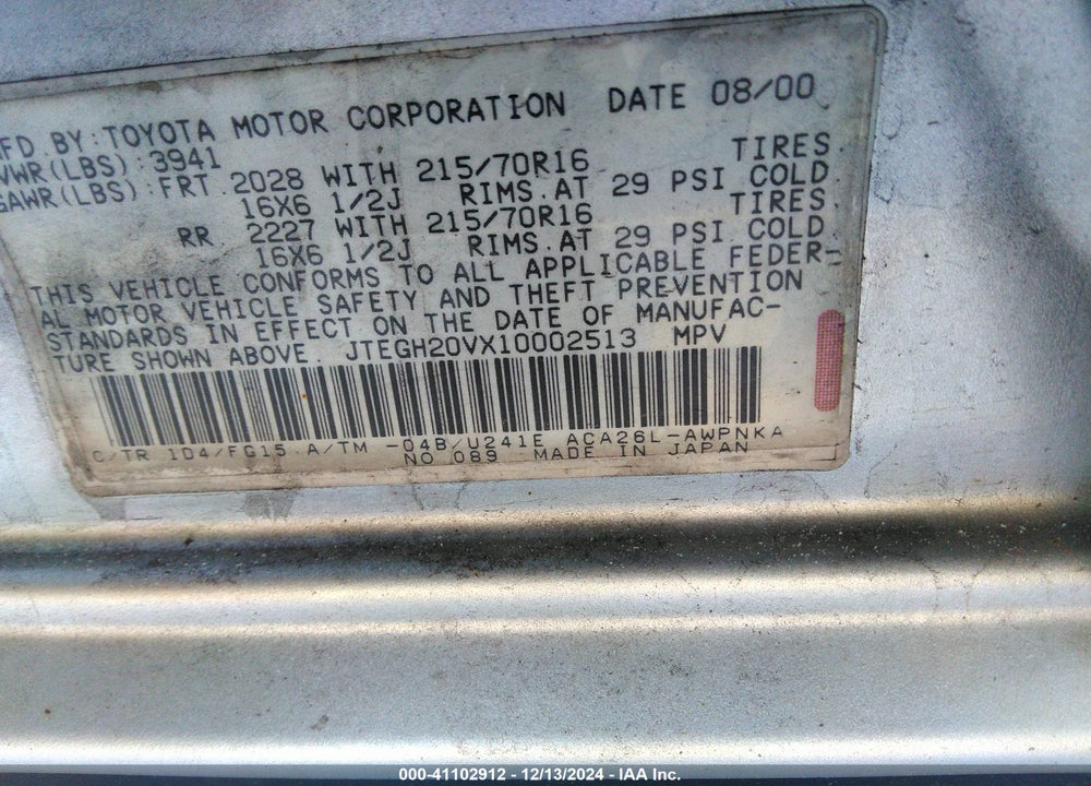2001 TOYOTA RAV4 VIN: JTEGH20VX10002513