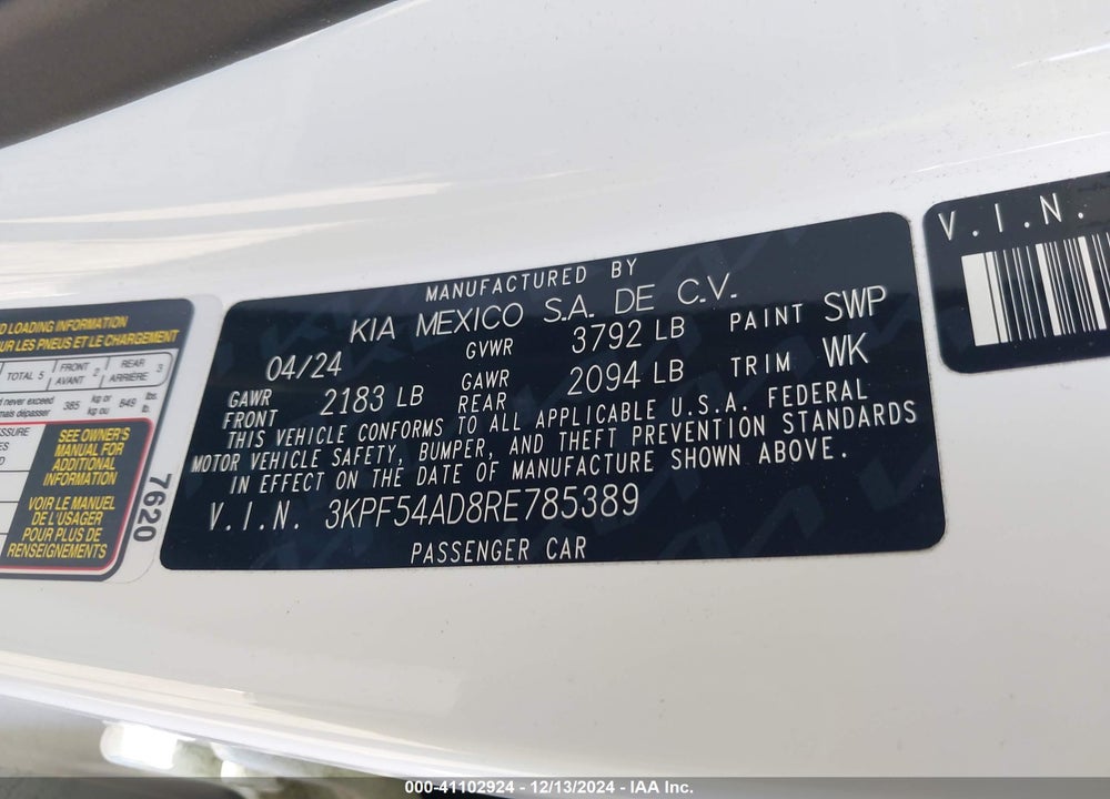 2024 KIA FORTE VIN: 3KPF54AD8RE785389